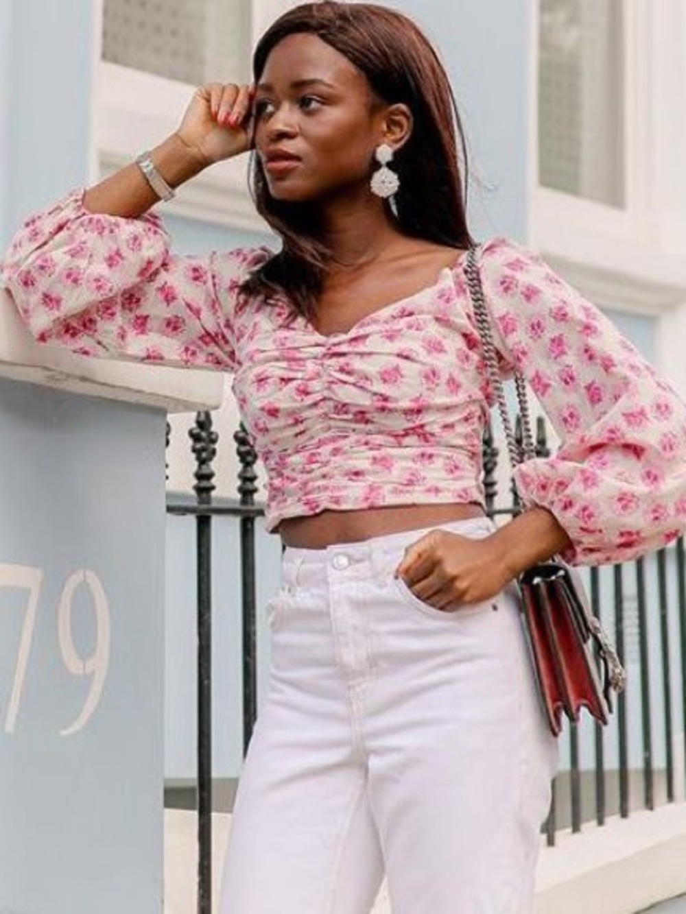 Zara XS White Pink Floral Ruched Long-Sleeve Crop Top Romantic Cottagecore